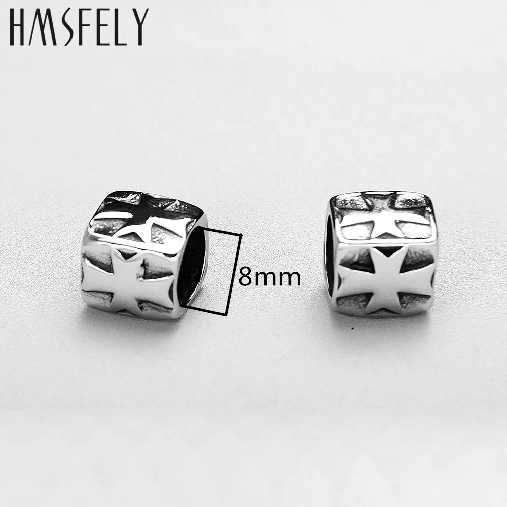 HMSFELY Stainless Steel Cross Pattern Cube Beads For DIY Leather Bracelet Jewelry Making 8mm Hole Size Accessories Bead 5pcs/lot