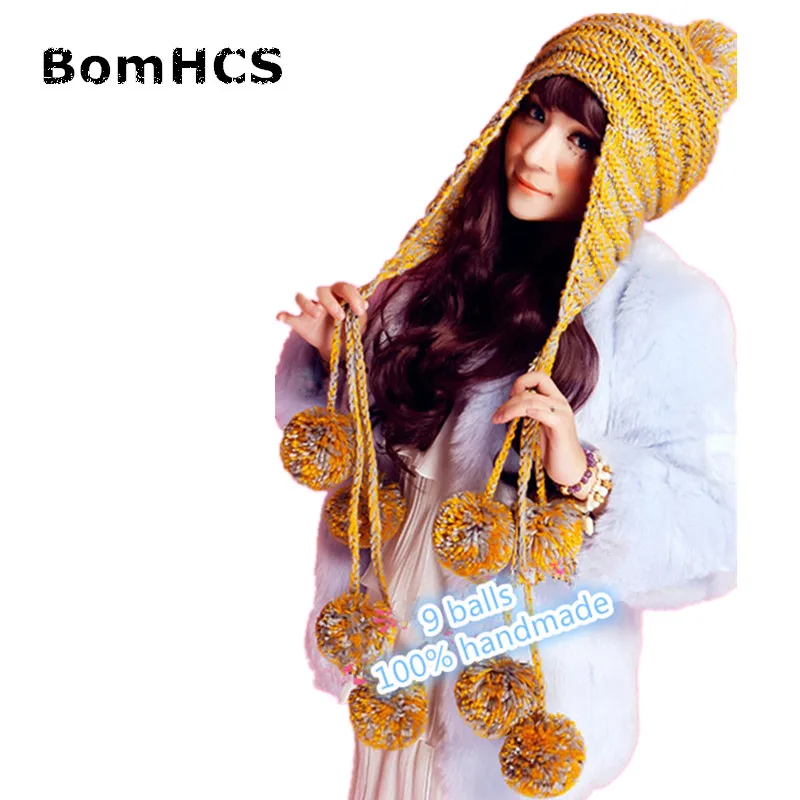 BomHCS New Fashion Designer Beanies Winter Hat with Ears Warm Beanie Girl Hats with 9 Poms