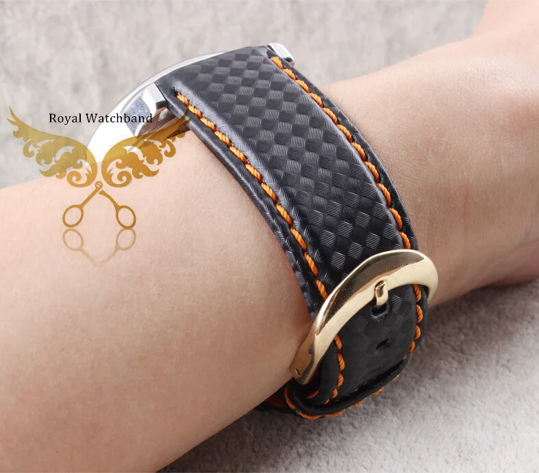 New Arrival!!! 22 Watch Band Waterproof Carbon Fibre Watch Strap with Orange Stitching Leather Lining Stainless Steel Clasp