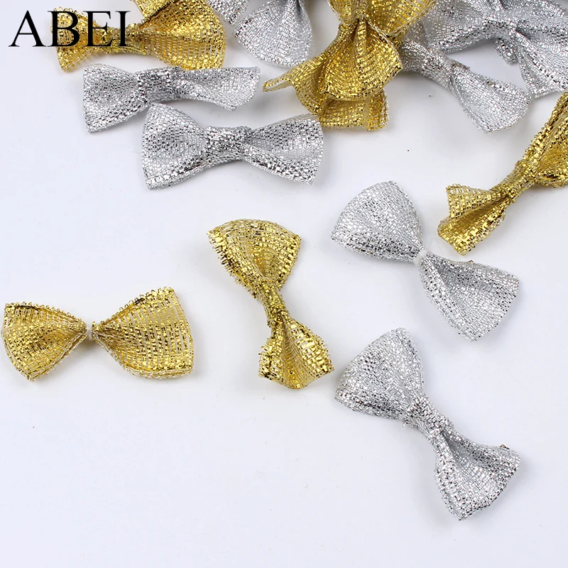 100pcs/lot Gold Silver Bows Handmade mini Bow Ties For Wedding Candy Box Party Gift Bag Scrapbook Decoration Garments Accessorie