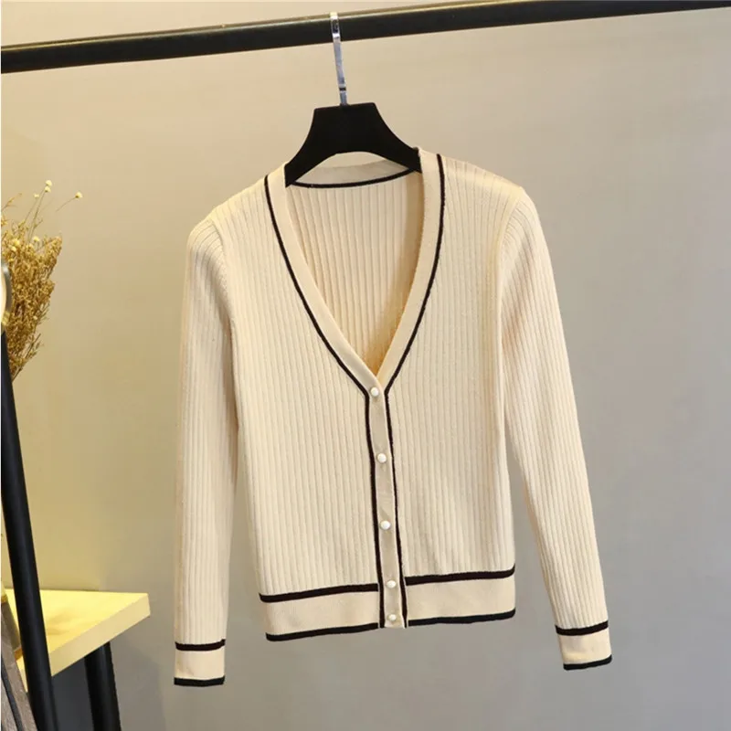 UHYTGF Stripe Cardigan Women Knitted Sweater Spring And Autumn Coat V neck Loose size Ladies Long sleeve Thin Sweater Short Coat