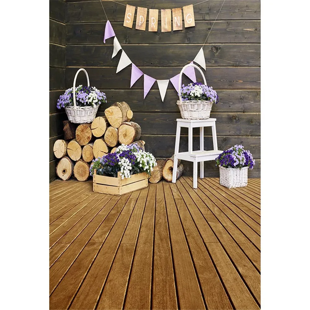 

Spring Theme Kid Backdrop for Photography Dark Wooden Wall Logs Basket White Purple Flowers Baby Photo Backgrounds Wood Floor