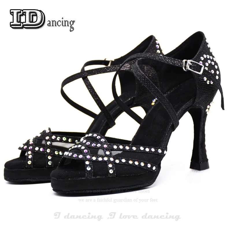 Women Latin Dance Shoes Tango Dance Shoes Rhinestone Wedding Shoes Salsa Shoes with Platform Black High Heel JuseDanc