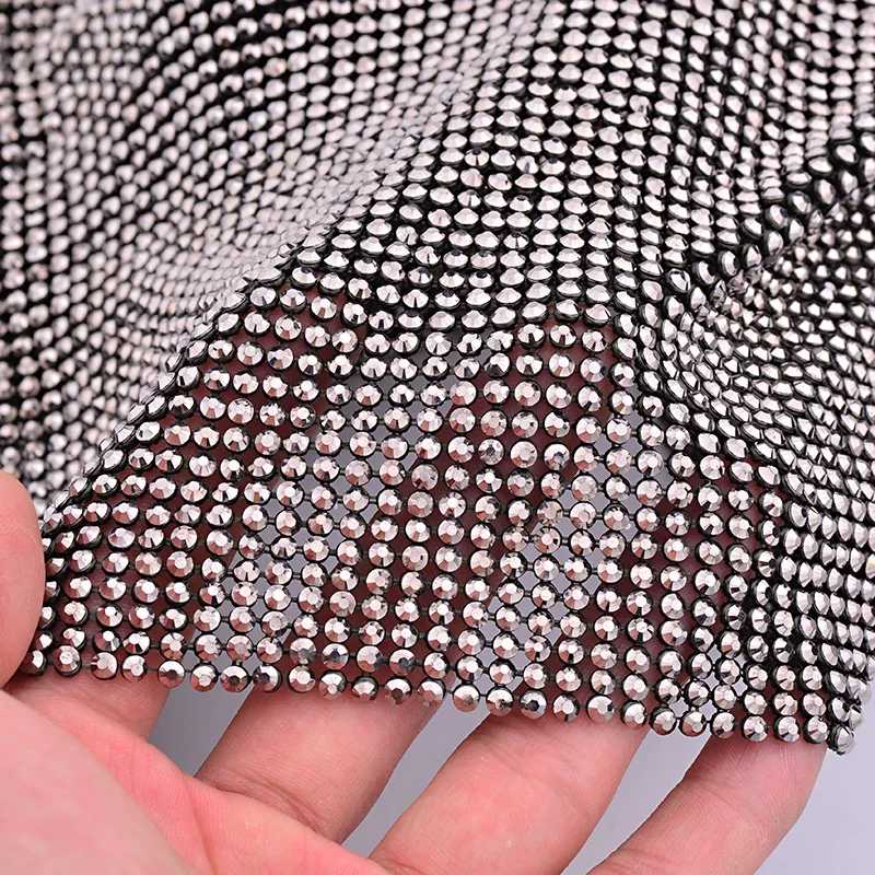 JUNAO 45*120cm Black Gold Crystal Mesh Fabric Rhinestone Applique Aluminum Metal Trimming Resin Strass Ribbon for Dress  Crafts