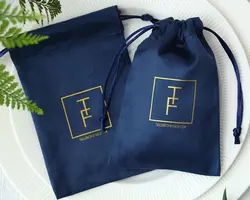 Flannel Jewelry Pouches Custom Logo Size Navy Blue Velvet Drawstring Earrings Packaging Organizer Gift Bag for Wedding Bulk 100