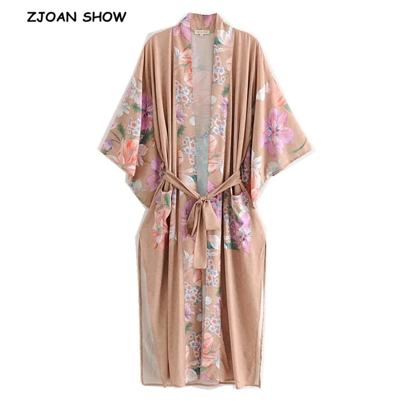 

Bohemian V neck Peacock Flower Print Long Kimono Shirt Khaki Holiday New Lacing up Sashes Long Cardigan Loose Blouse Tops