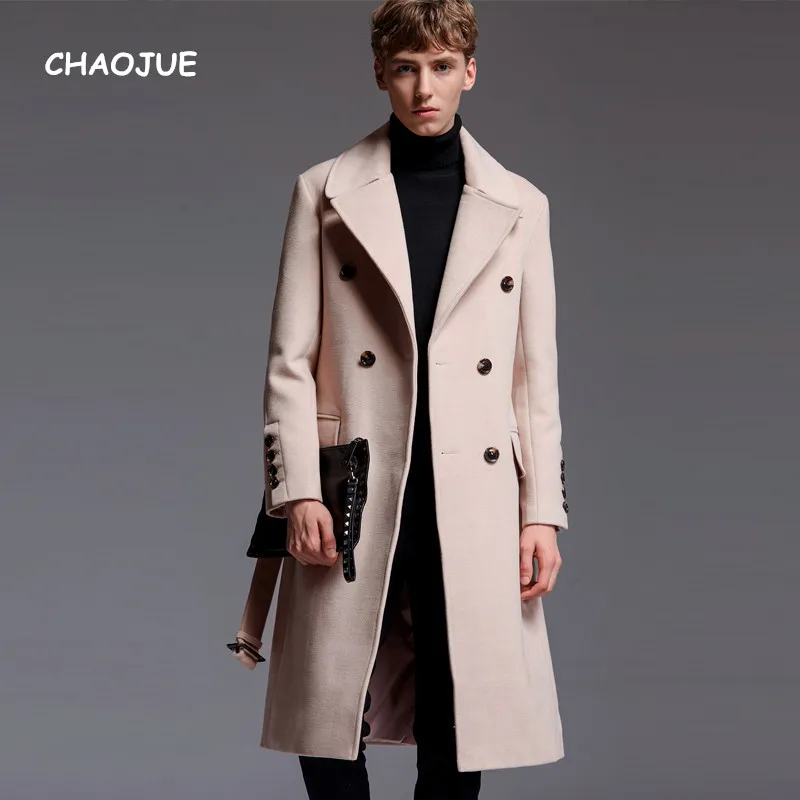 

CHAOJUE Brand Mens Extra Long Woolen Coat 2023 Autumn/Winter England Artifical Cashmere Over Coat Business Causal Beige Outwear