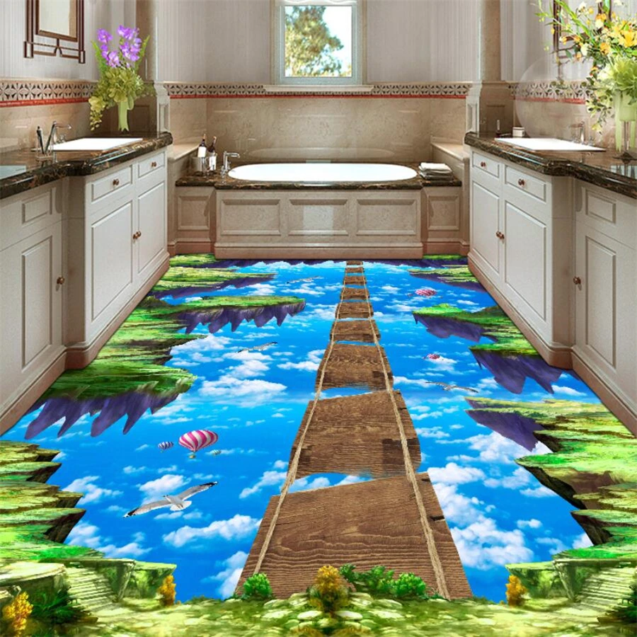 

Custom floor 3d mural lawn cliff sky wooden bridge bathroom kitchen walkway 3d floor living room bedroom shopping mall flooring