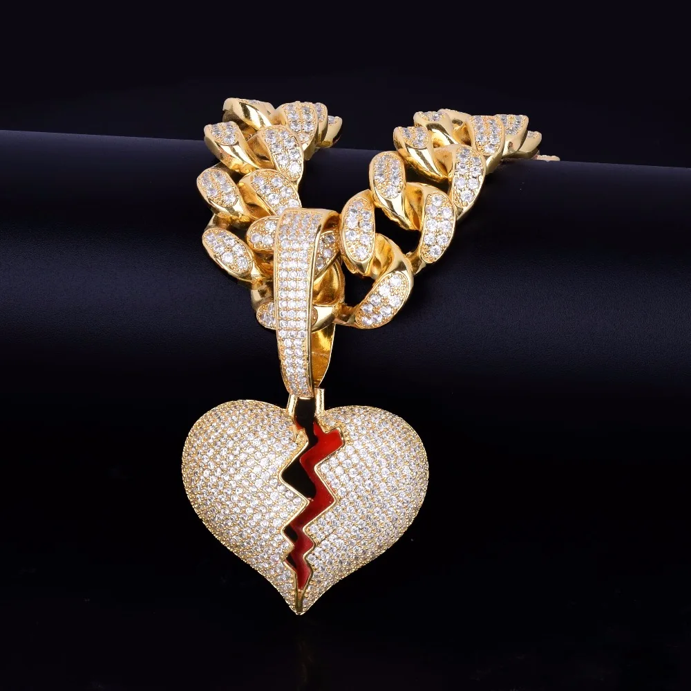 No Chain Gold Color Broken Heart Pendants Necklaces Men\'s Hip Hop Jewelry