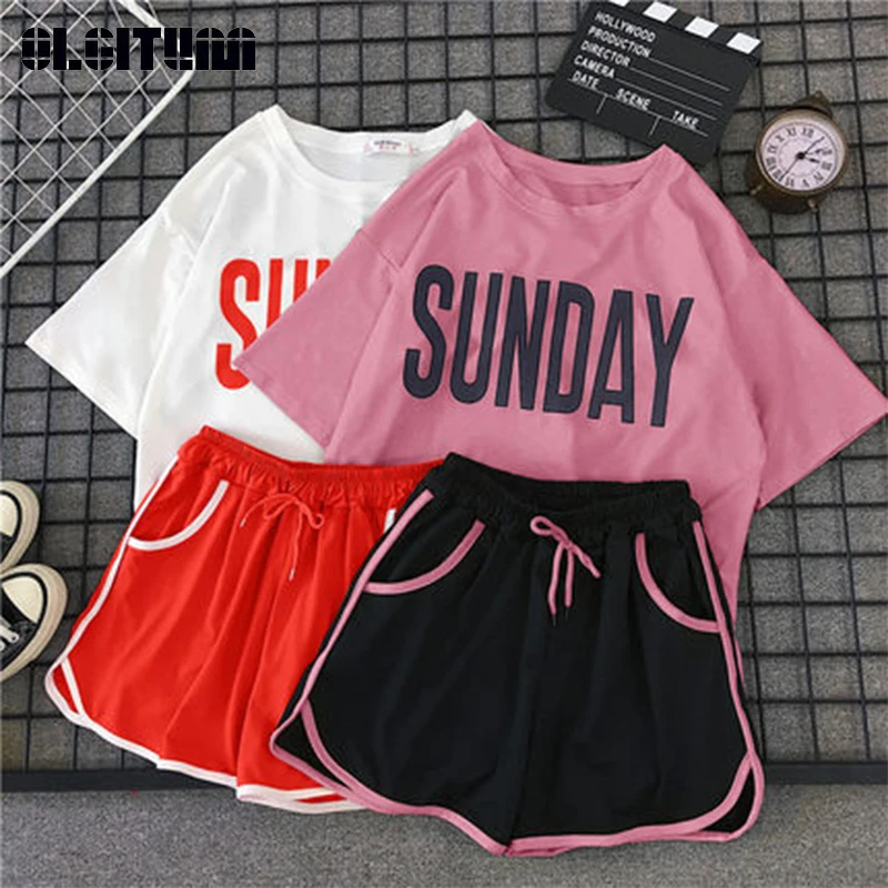 

Women Summer Top two Piece Set 2020 Casual Loose Student Sports Suits Female Tee + Shorts Cotton Suit Set O-Neck 2 Piece Set