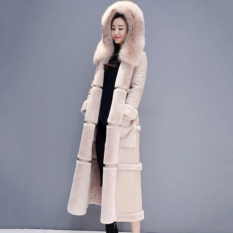 Large Size Winter Lambswool Jacket Coat Women Long Faux Leather Jacket Female Thicken Warm Overcoat Womens Hooded Faux Fur Coats