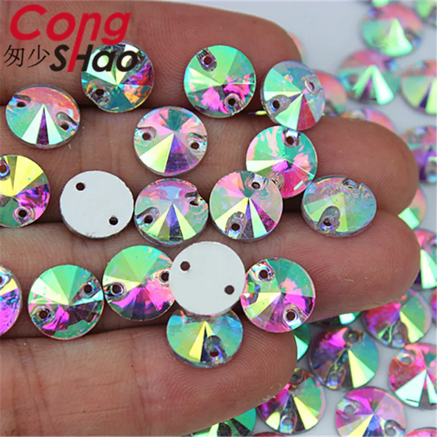 Cong Shao 10/12/14mm Crystal AB / Clear AB Flat Back Round Resin Rhinestone Trim Sew On Stones 2 Hole DIY Wedding Dress YB300