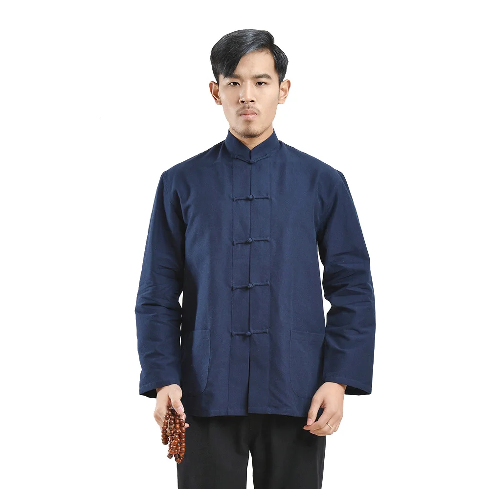 

Hot Sale 100%Cotton Men's Traditional Chinese Tang Suit Top Long Sleeve Kung Fu Tai Chi Uniform Spring Autumn Shirt Blouse