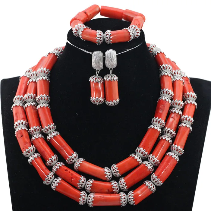 Trendy Indian Coral Necklace Set New Coral and Silver African Wedding Beads Jewelry Sets Bridal Costume 2017 Free ShippingABH413