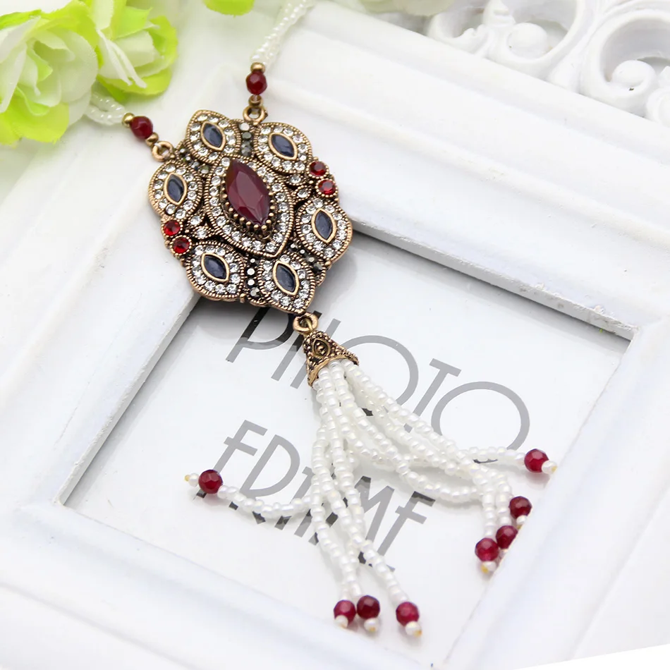 Elegent Arabesque Seed Bead Wedding Tassel Long Necklace Turkish Women Ethnic Jewelry Antique Gold Color Resin Pendant Necklace