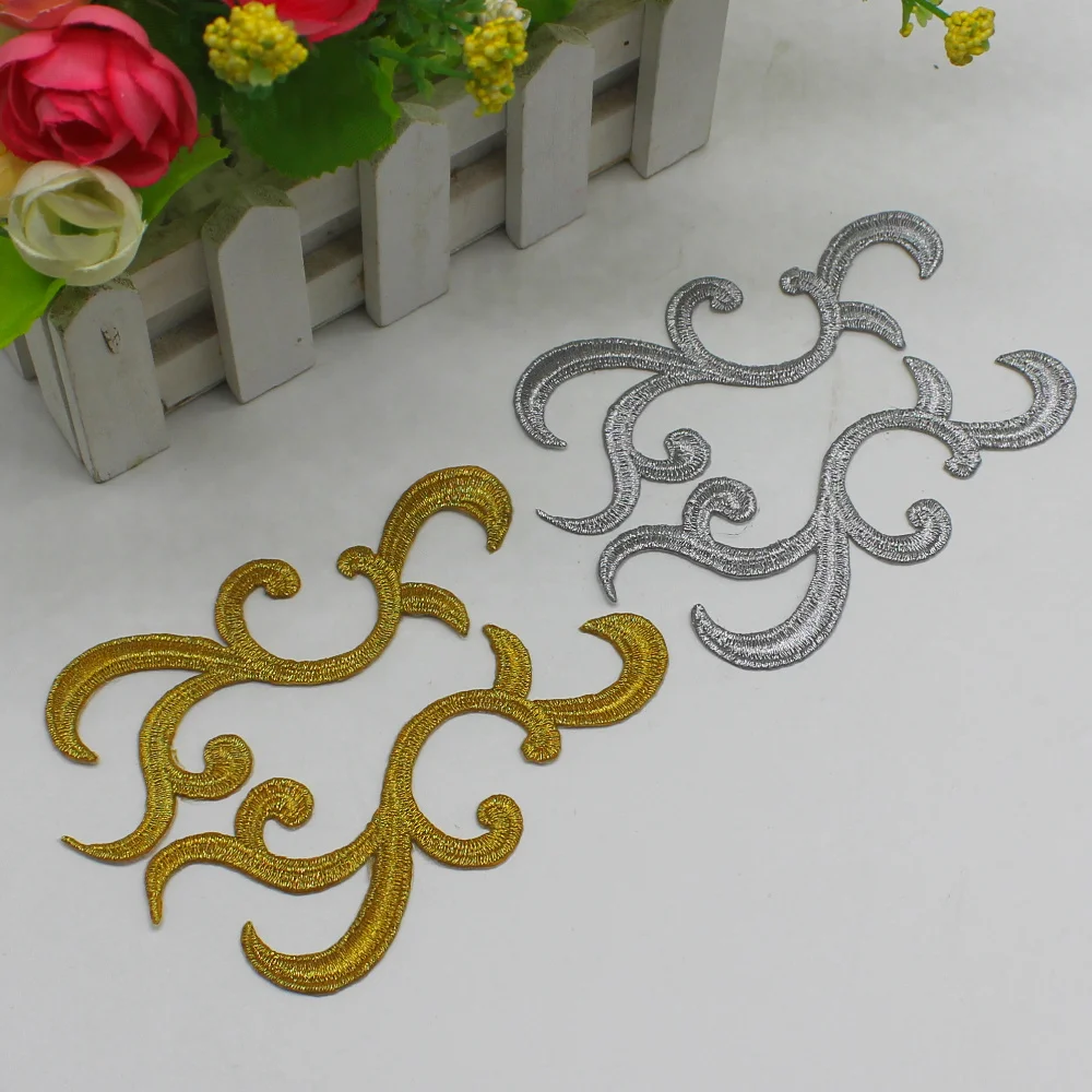 1 Pairs Gold Embroidered Patches Iron On Lace Applique Gold Cosplay Costumes Trims Mirror Pair 10.5CM*4.5CM