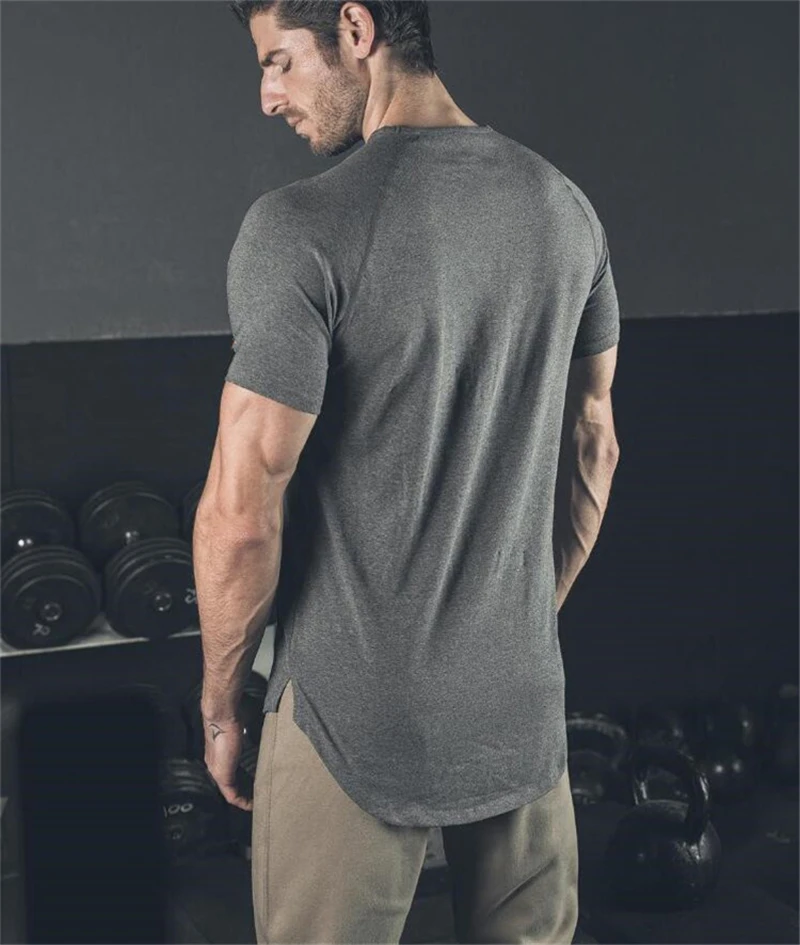 Brand Clothing Fashion T Shirt Men Extended Scallop Hem Short Sleeve T-Shirt Fitness tshirt Cotton slim fit Bodybuilding T shirt