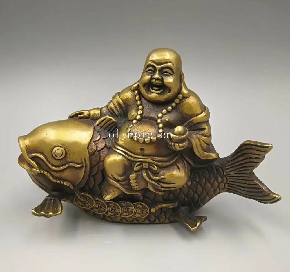 

classical copper brass carvings lucky Maitreya Buddha Bodhisattva on fish statue