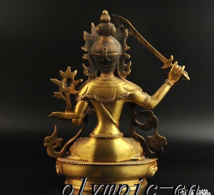 8'' tibetan brass carved Lotus hold sword Manjusri Avalokitesvara Bodhisattva