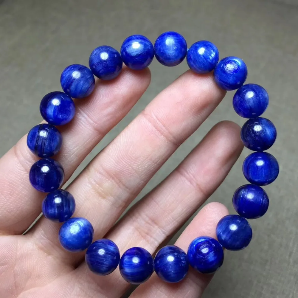 

9mm Natural Blue Kyanite Crystal Bracelet Jewelry For Women Lady Men Healing Luck Gift Round Beads Cat Eye Stone Strands AAAAA