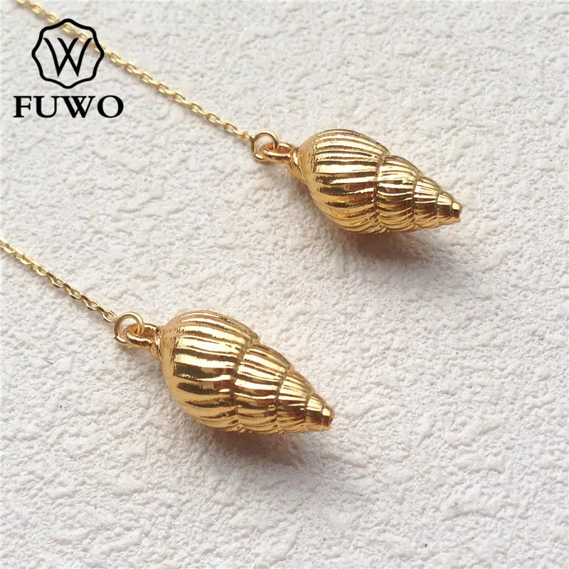 FUWO Little Conch Threader Earrings With Golden Filled Minimalist Design Spiral Shells Earrings Beach Jewelry For Women ER512