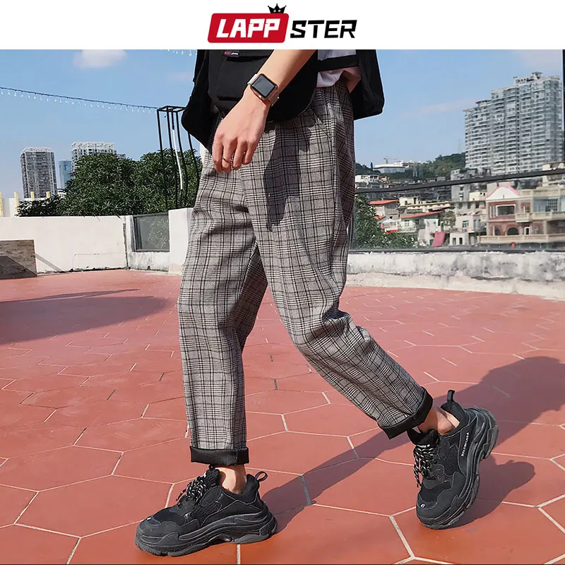 LAPPSTER Streetwear Yellow Plaid Pants Men Joggers 2023 Man Casual Straight Harem Pants Men Korean Hip Hop Track Pants Plus Size