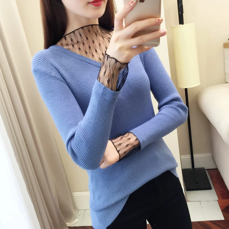 V-neck lace net yarn splicing sweater female head spring new render knit unlined upper garment to take a coat in a fairy