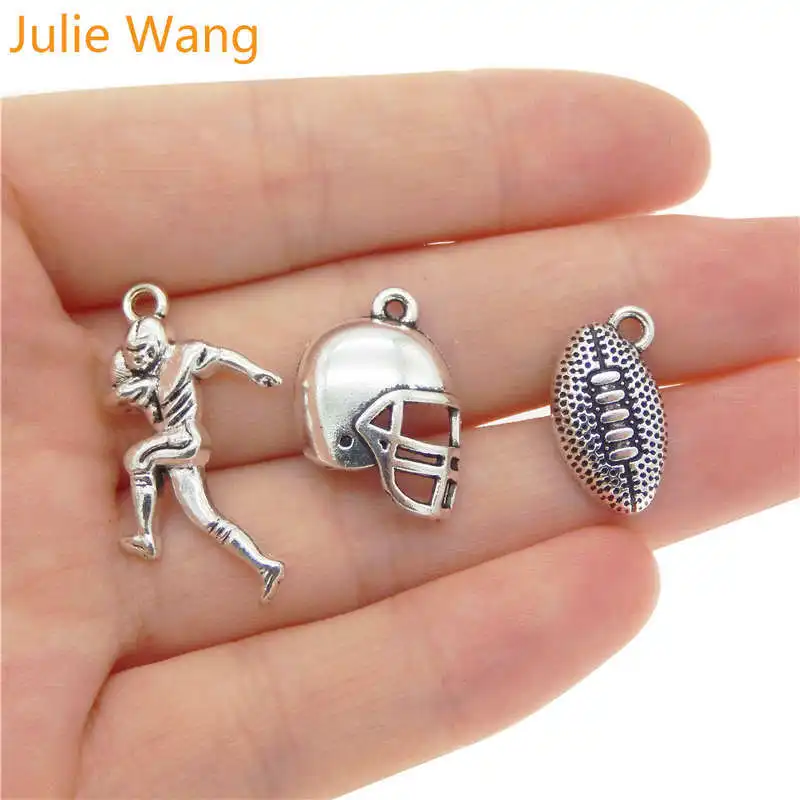 Julie Wang 15PCS American Football Sports Alloy Charms Antique Silver Color Pendants Earrings Findings Jewelry Making Accessory