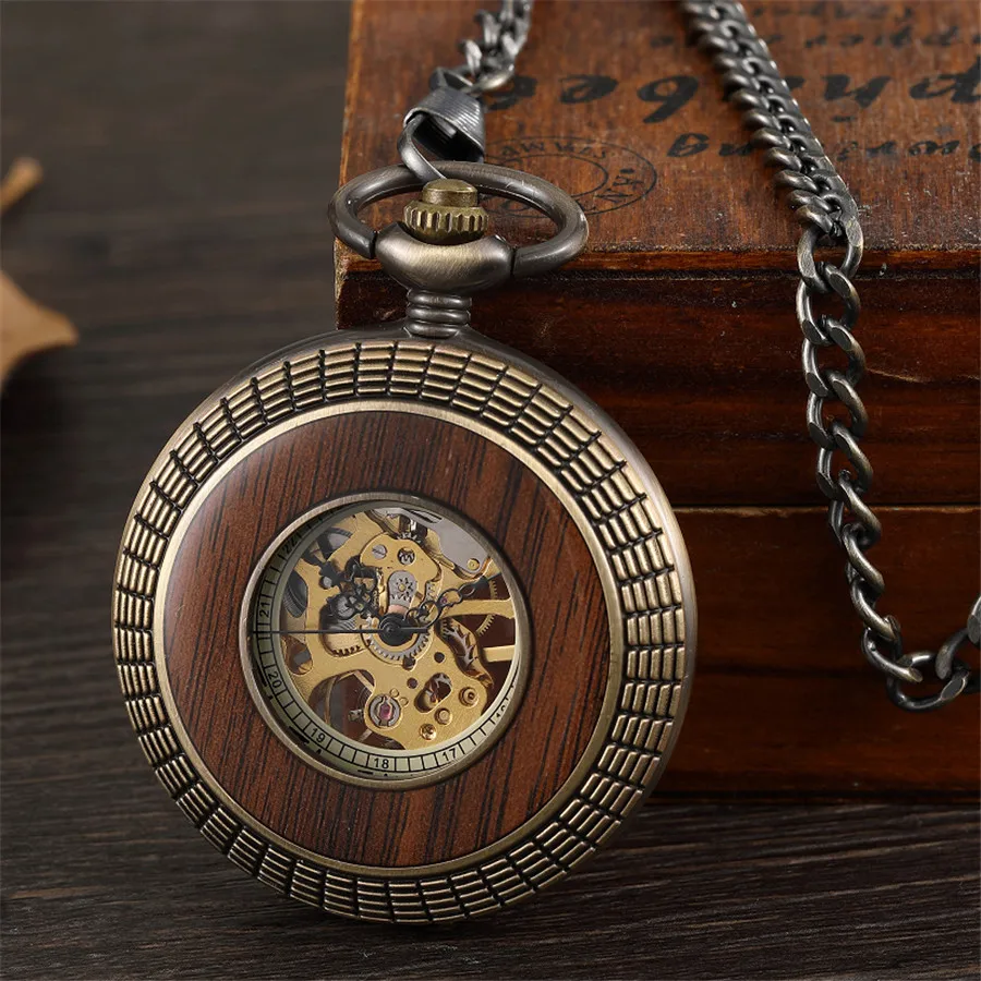 Retro Hollow Skeleton Steampunk Wood Circle Flower Design Mechanical Pocket Watch Roman Numerals Hand Wind Fob Chain Clock