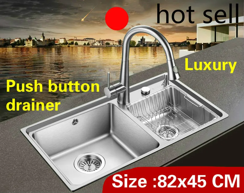 

Free shipping Apartment luxury kitchen double groove sink push button drainer 304 stainless steel hot sell 82x45 CM