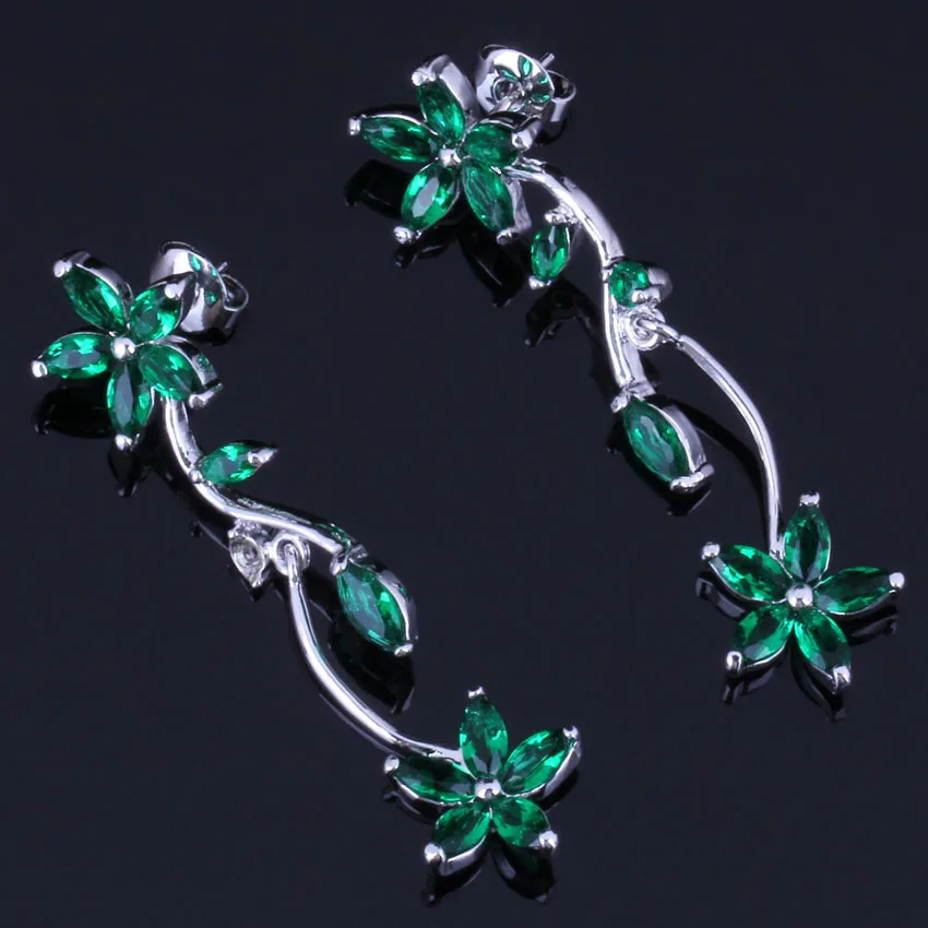 

Unique Flower Green Cubic Zirconia Silver Plated Drop Dangle Earrings V1021
