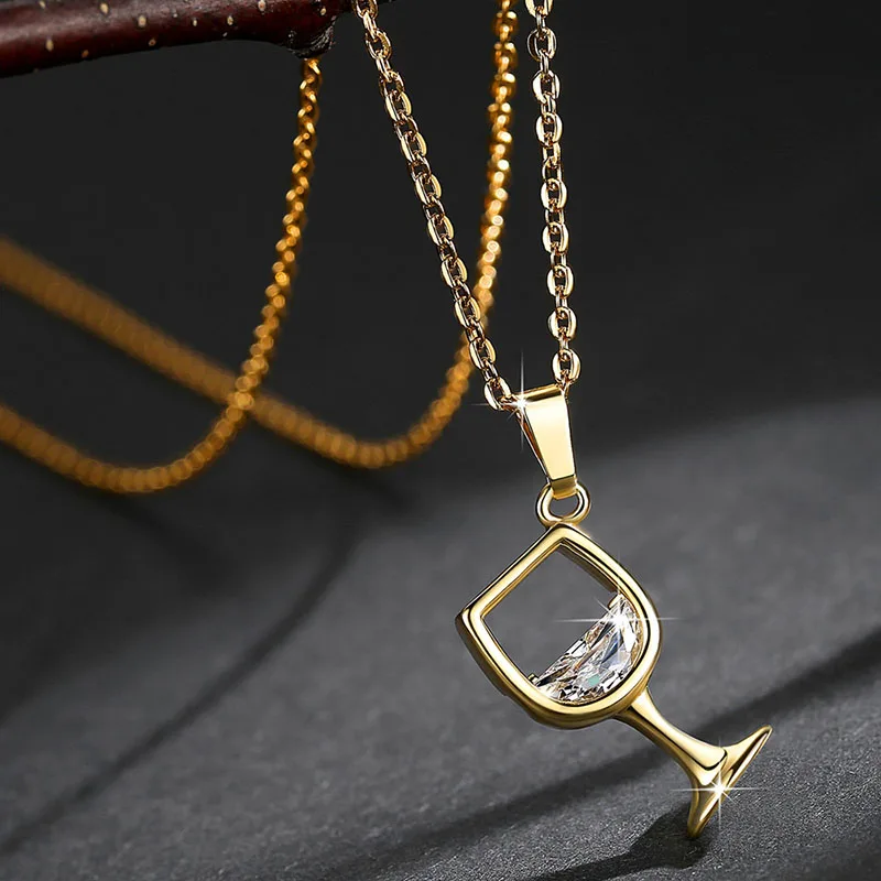 Gold Color Creative Wine Glass Pendant Necklace Zircon Crystal Wine Cup Pendants Women Chokers Clavicle Chains Neck Jewelry Gift