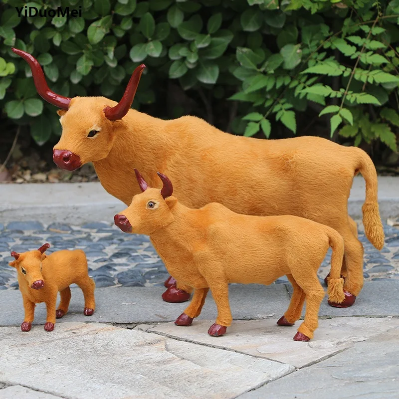 

simulation brown cattle plastic&furs cattles model one lot/3 pieeces handicraft prop home decoration gift d2700