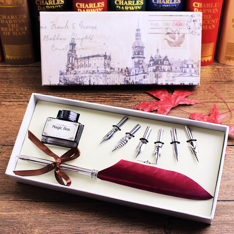 Vintage Colored Feather High quality Quill Dip Pen Writing Ink Set Stationery Gift Box with 6 Nibs Calligraphy Fountain Pen