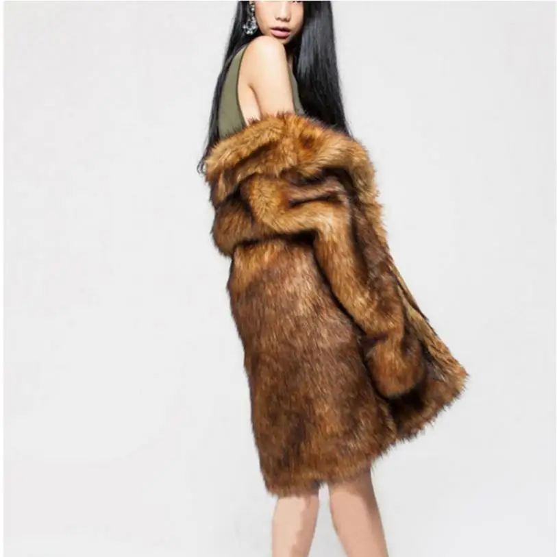 S-6XL Faux Fox Fur Long Coat Woman Brown Oversized Thicken Jacket Female Turndown Collar Winter Fake Fur Outwear L1312 Freeship