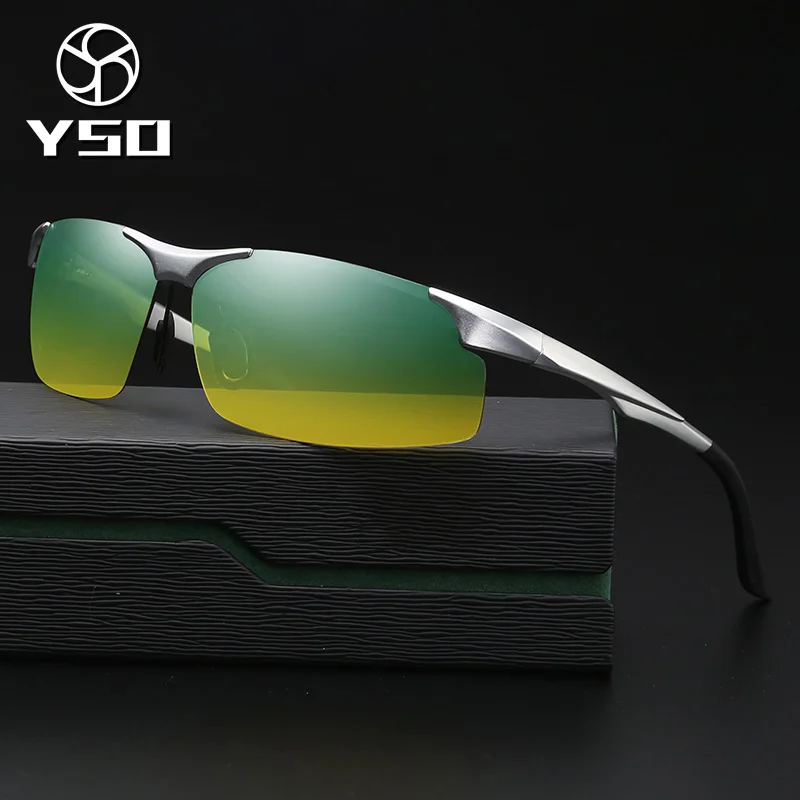 

YSO Sunglasses Men Polarized UV400 Aluminium Magnesium Frame HD Night Vision Driving Glasses Semi Rimless Accessory For Men 8003