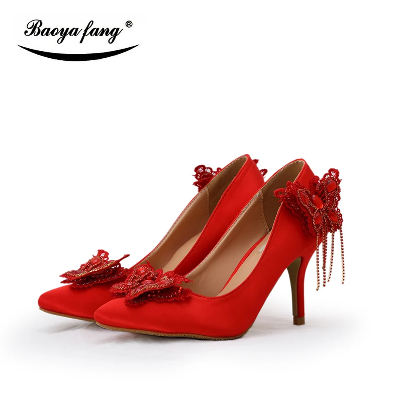 

BaoYaFang Red Butterfly 8cm pointed toe woman shoes Bride wedding shoes Bridesmaid party dress shoes female shoes tassels