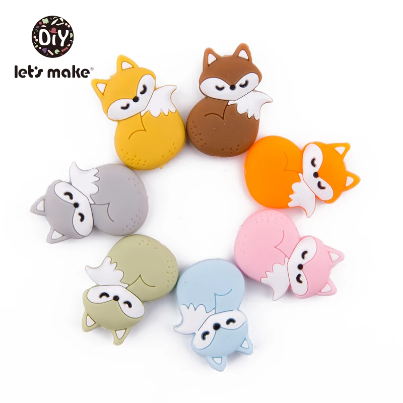 Let's Make Silicone Beads Teething Cartoon Fox Bead Animals 5pcs DIY Pacifier Clip For Children Newborn Baby Teething Toys