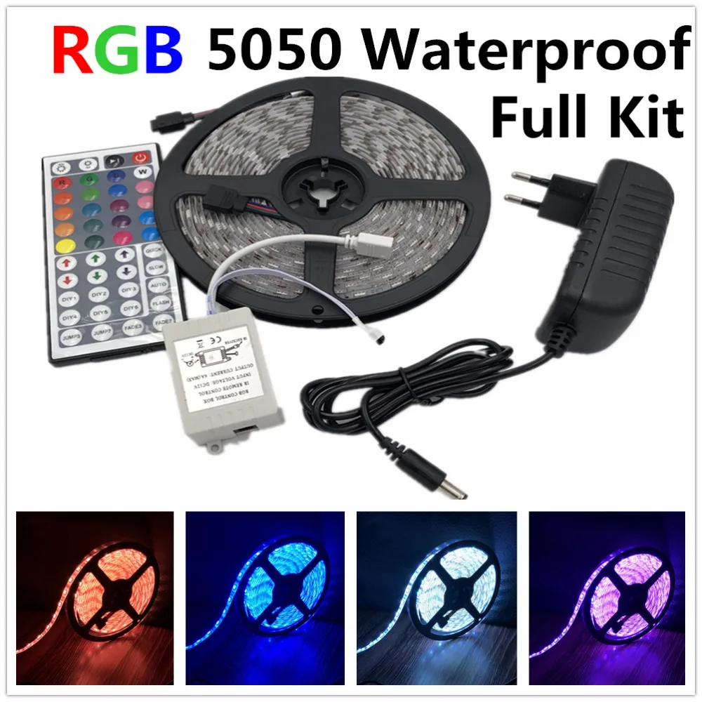 

Led Strip Light 5050 RGB tape set waterproof ip65 300led 5m with 44key remote controller 12V power supply adapter color changing