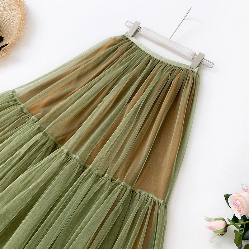 Ohryiyie Groene Hoge Taille Tule Rokken Vrouwen Herfst Winter Zoete Lange Tutu Rok Vrouwelijke Mesh Midi Rok Tutu Jupe Longue Femme