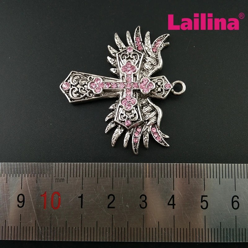 50pcs/lot Angel Wings Pendant Charms Antique Silver Color Christian Crystal Cross Vintage Necklace Pendant Jewelry Accessories