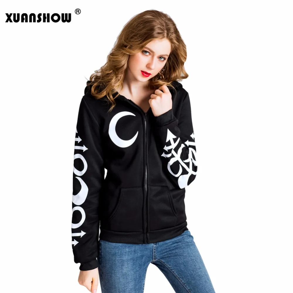 Damen Gothic Punk Hoodie Sweatshirt mit Mond-Buchstaben-Print, Langarm-Reißverschlussjacke, Herbst-Winter-Mode Streetwear – Detail 5