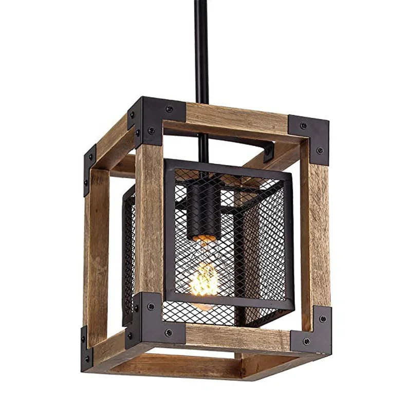 

Loft American retro solid wood cube chandelier wood Hanging lamps restaurant living room lamp fixture E26/E27