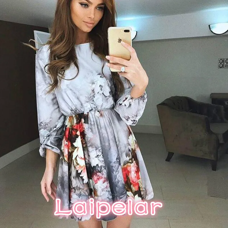 

Floral Print Summer Women Dress New Arrivals Chinese Style Lantern Long Sleeve Mini Party Dresses Laipelar