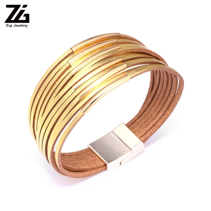 ZG Slim Strips Leather Bracelets For Women 2022 Fashion Metal Charm Boho Wrap Multilayer Wide Bangle Femme Jewelry