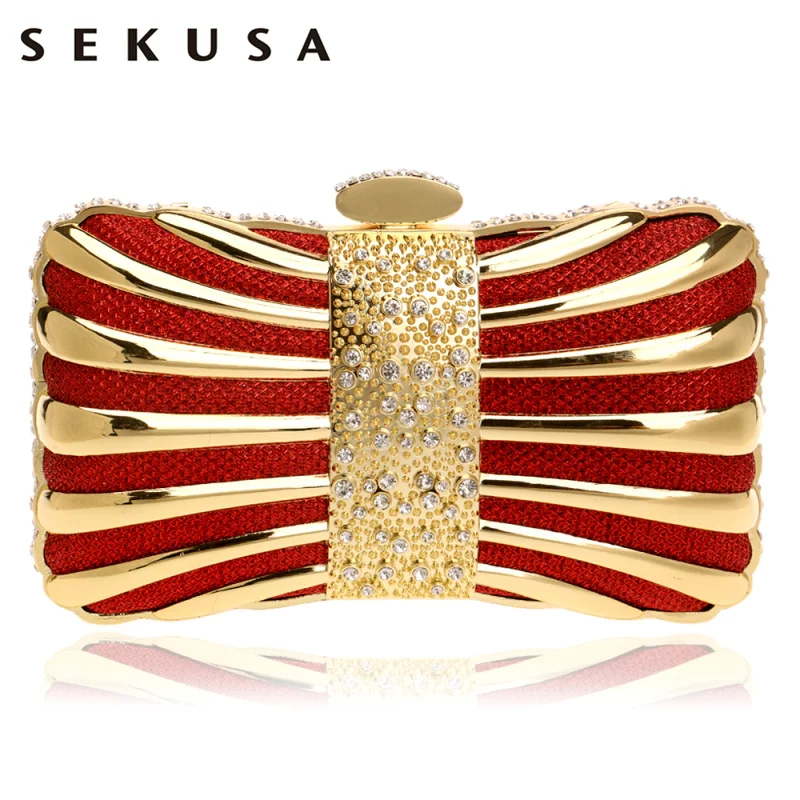 SEKUSA Chain Shoulder Clutches Evening Bags Diamonds Tin Mixed Color Black/Red/Silver/Blue/Gold Evening Bag For Wedding Handbags