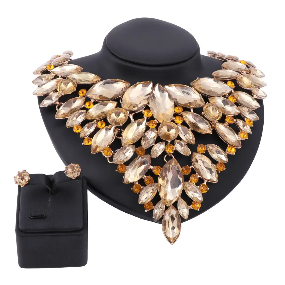 Luxury  Gold Color Crystal Bridal Statement Jewelry Set For Brides Necklace Earring Wedding Party Accessories Jewelry Sets