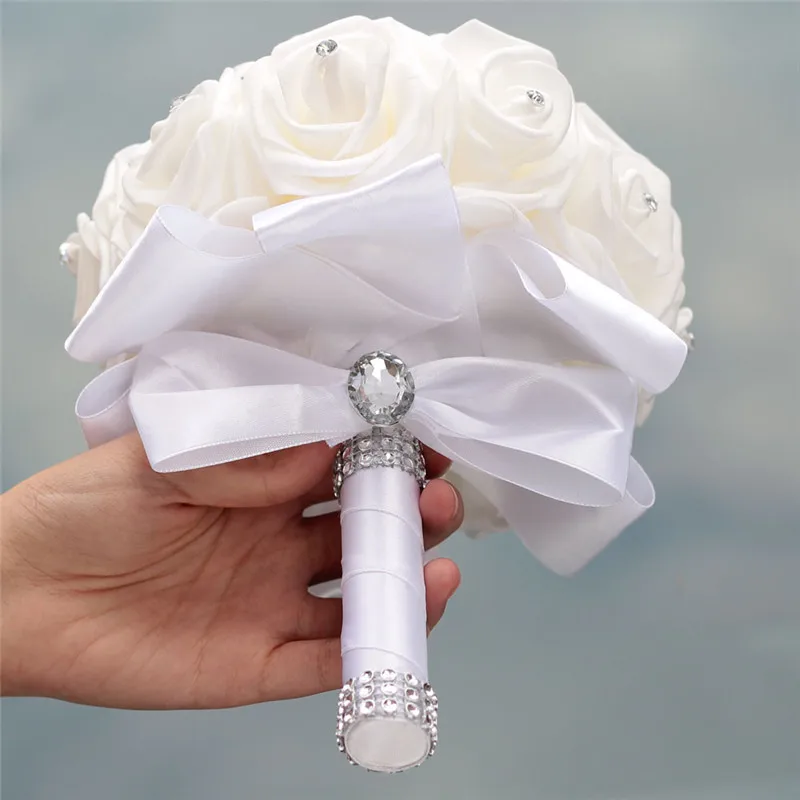 In Voorraad Pure White Diamond Lint Boeket Pe Bloem Schuim Bruidsboeket Ivory Cream Pe Rose De Mariage Wedding BouquetsW2018