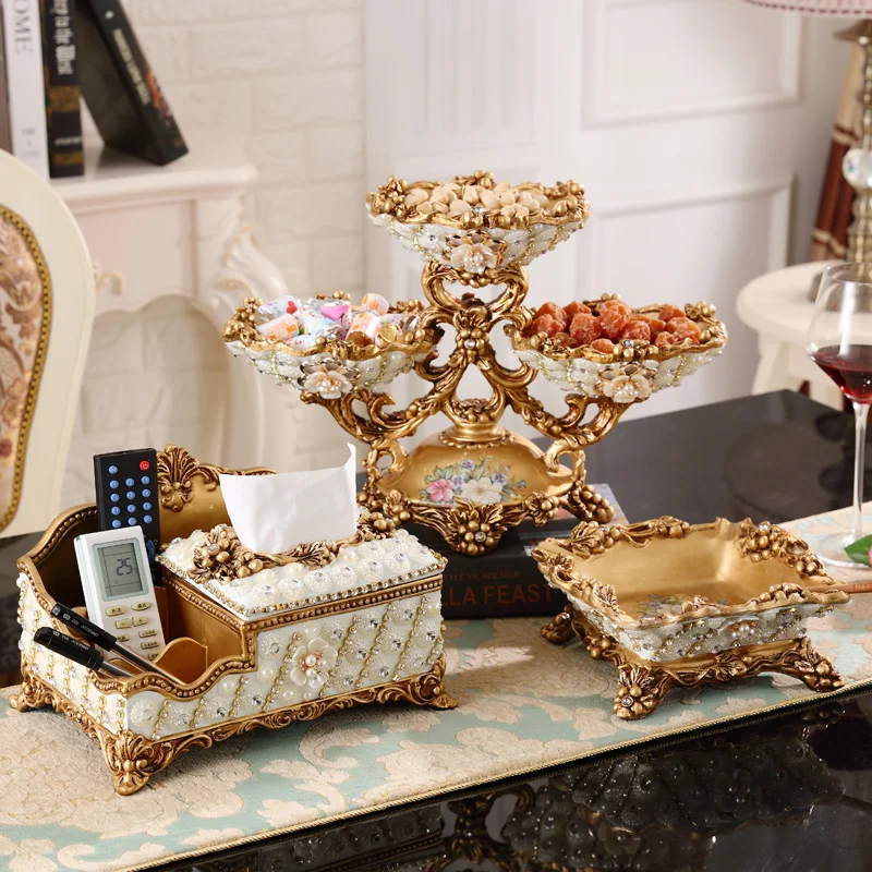 European Palace Luxury Diamond Resin Fruit Plate Figurines Crafts Home Livingroom Ashtray Storage Box Table Ornaments Decoration