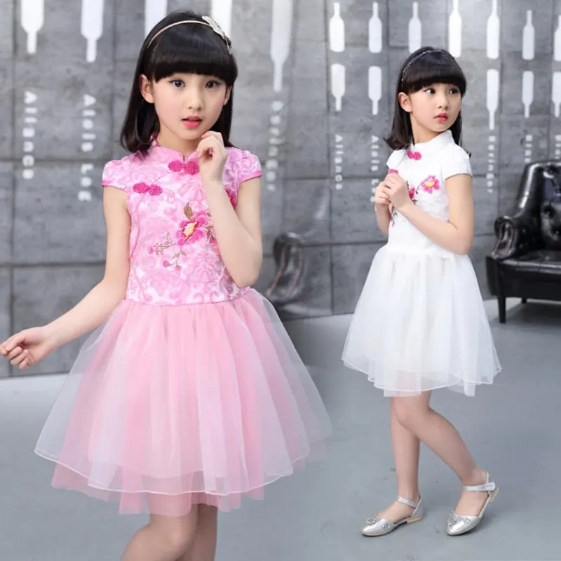 China Retro Style Kids Traditional Cheongsam Costume Dress Girls White Pink Floral Qipao Top China Princess Party Elegant Dress